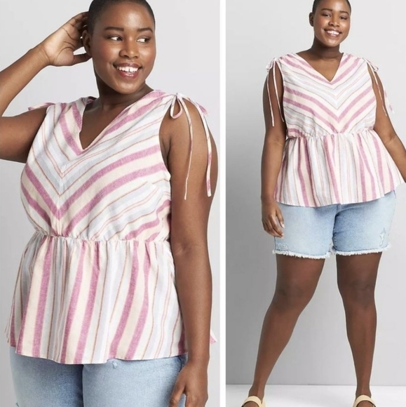Lane Bryant linen pink Striped Tie-Shoulder Multi Color Top Size 30/32 4X  NWT - Picture 8 of 8